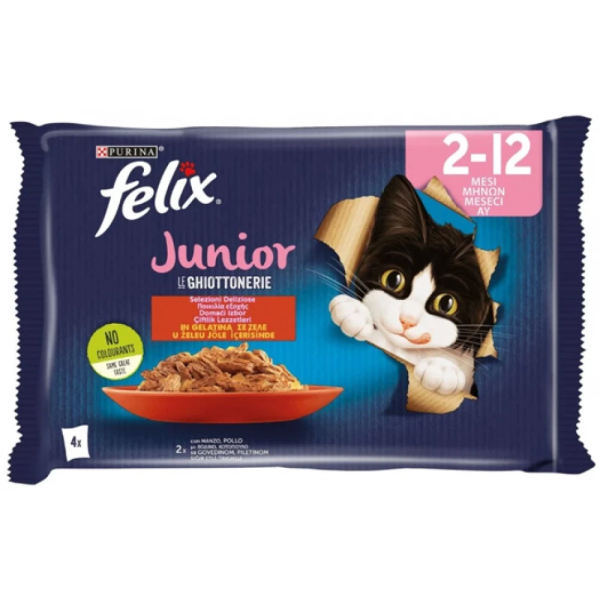 FELIX ΠΟΛΥΣΥΣΚΕΥΑΣΙΑ JUNIOR ΠΟΙΚΙΛΙΑ ΕΞΟΧΗΣ ΣΕ ΖΕΛΕ ΜΕ ΒΟΔΙΝΟ&ΚΟΤΟΠΟΥΛΟ 4X85G
